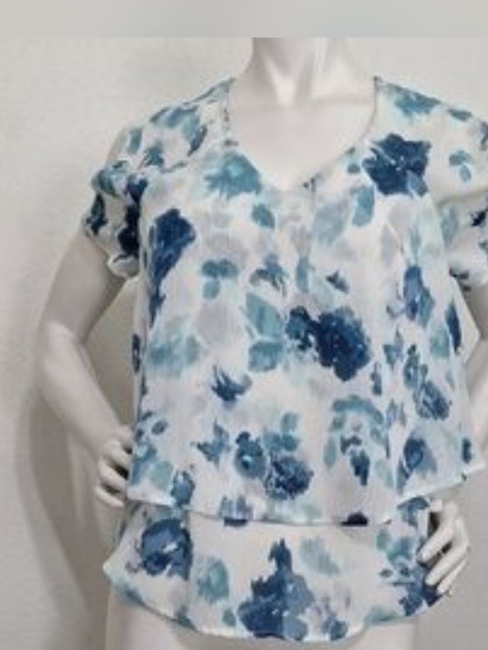 Juicy Couture Woman's Cold Shoulder White & Blues V-neck Layered Blouse Sz L
